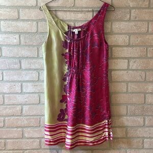 CAbi Cosmo 100% Silk Multicolor Floral & Striped Tunic Tank Top, Size Medium